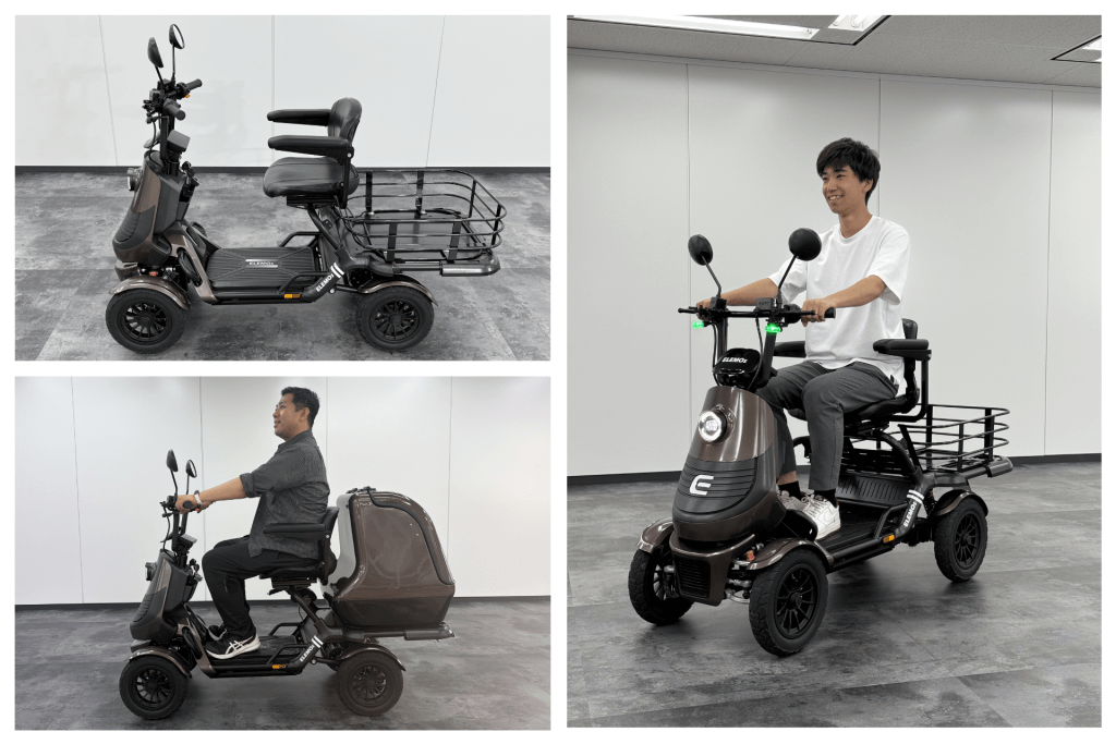 ELEGRAN PREMIUM② | ELEMOs collage of four people riding or posing with brown Elemo mobility scooters indoors, showing different angles and features such as front headlight and rear cargo basket