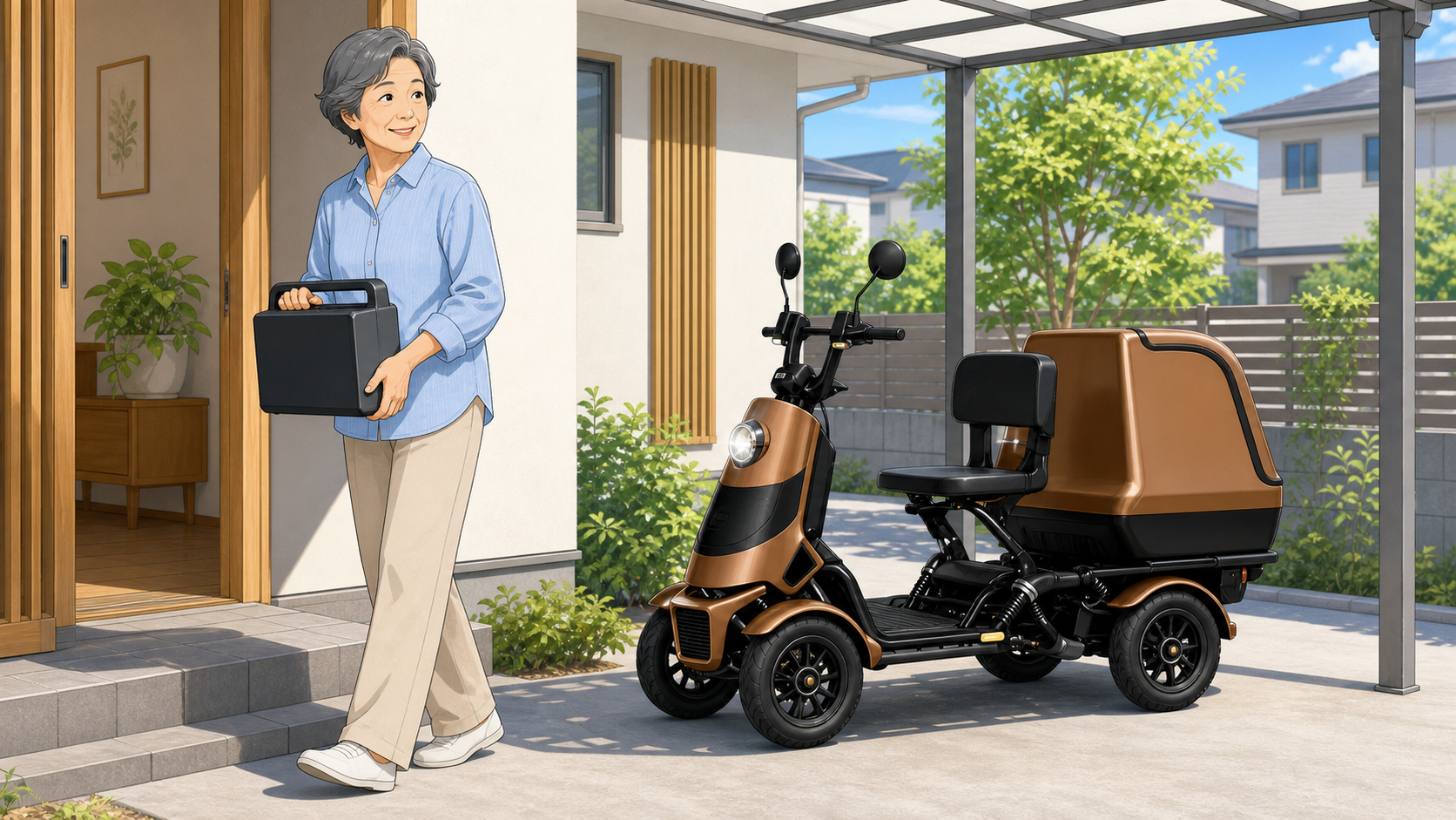 特定小型四輪から取り外したバッテリーを室内充電のために運ぶ女性のイラスト