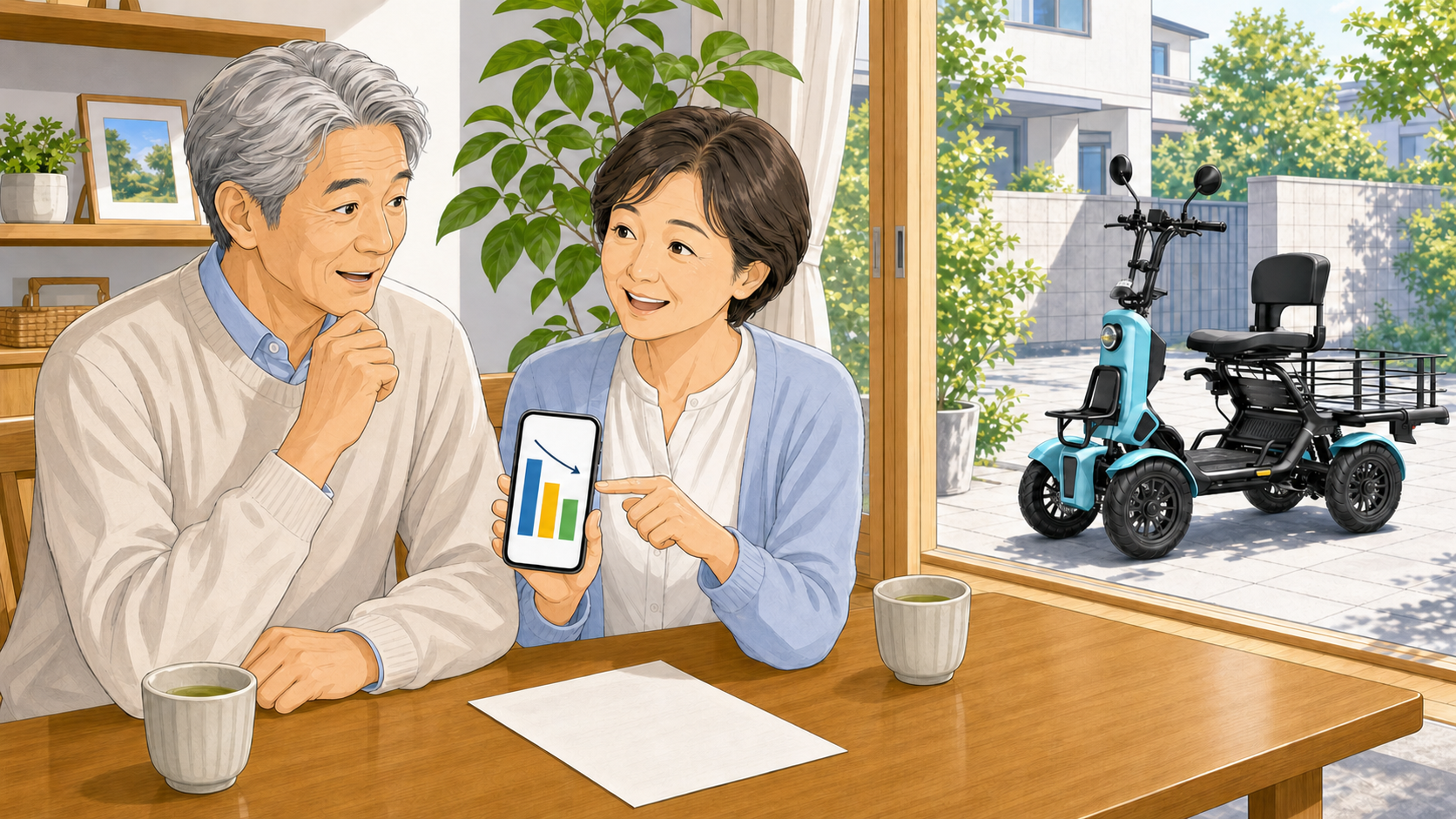特定小型原付の電気代の安さをスマートフォンで確認して安心する夫婦のイラスト