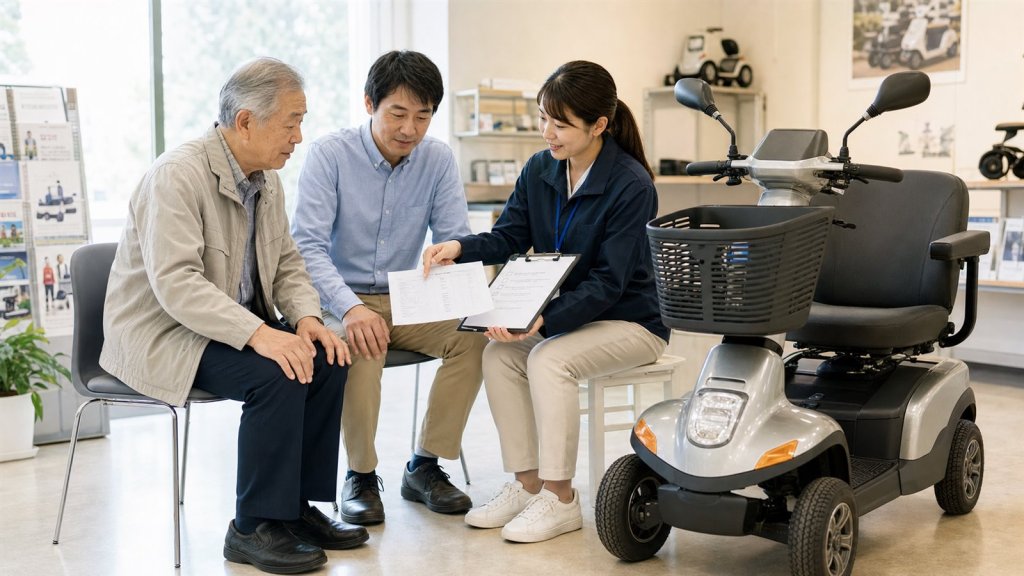 Three people in a showroom review documents beside a gray mobility scooter on display.