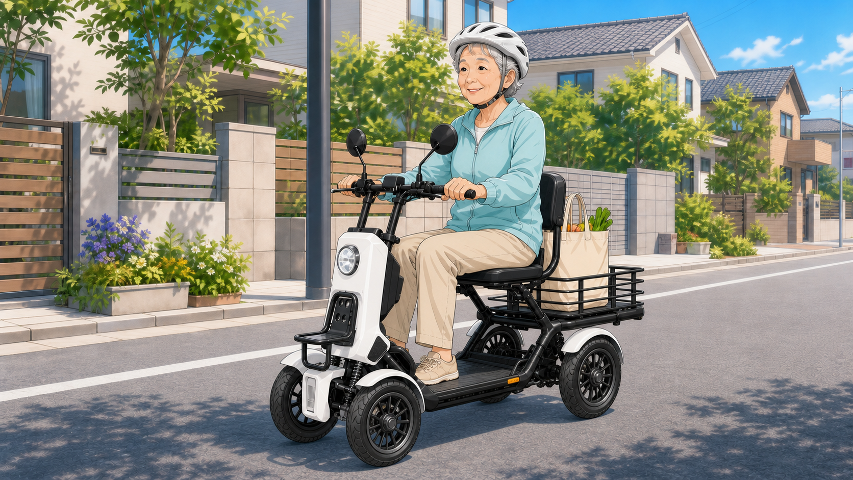 ELEMOsの特定小型四輪で買い物に出かける高齢者のイラスト