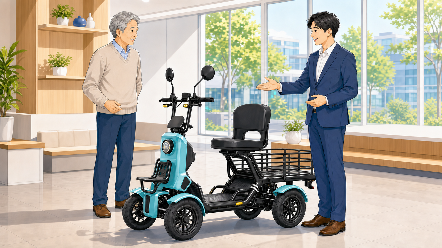明るい店内で、スーツ姿のスタッフがシニア男性に水色の四輪特定小型原付を紹介しながら相談に応じているイラスト