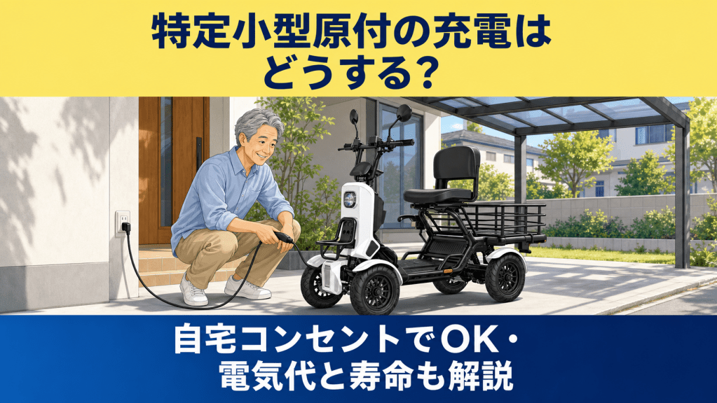 特定小型原付の充電はどうする？自宅コンセントでの充電方法と電気代・バッテリー寿命を解説する記事のアイキャッチ