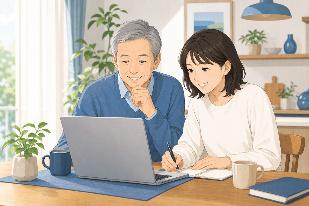 Older man and younger woman sit at a kitchen table, looking at a laptop together as they take notes.