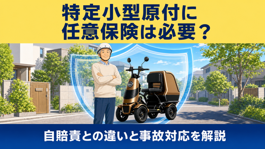 特定小型原付の任意保険の必要性を解説する広告。ヘルメットを着用した男性と防護バリアの前に立つ小型バイク。