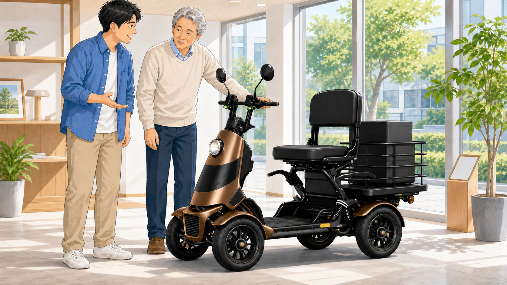 販売店で家族と一緒にELEMOsの特定小型四輪ELEGRANを検討するシニア男性のイラスト