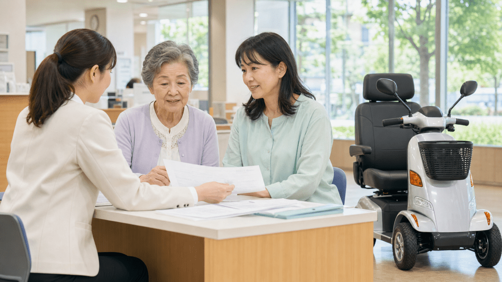 Three women sit at a desk reviewing documents, with a mobility scooter nearby in a bright lobby setting.
