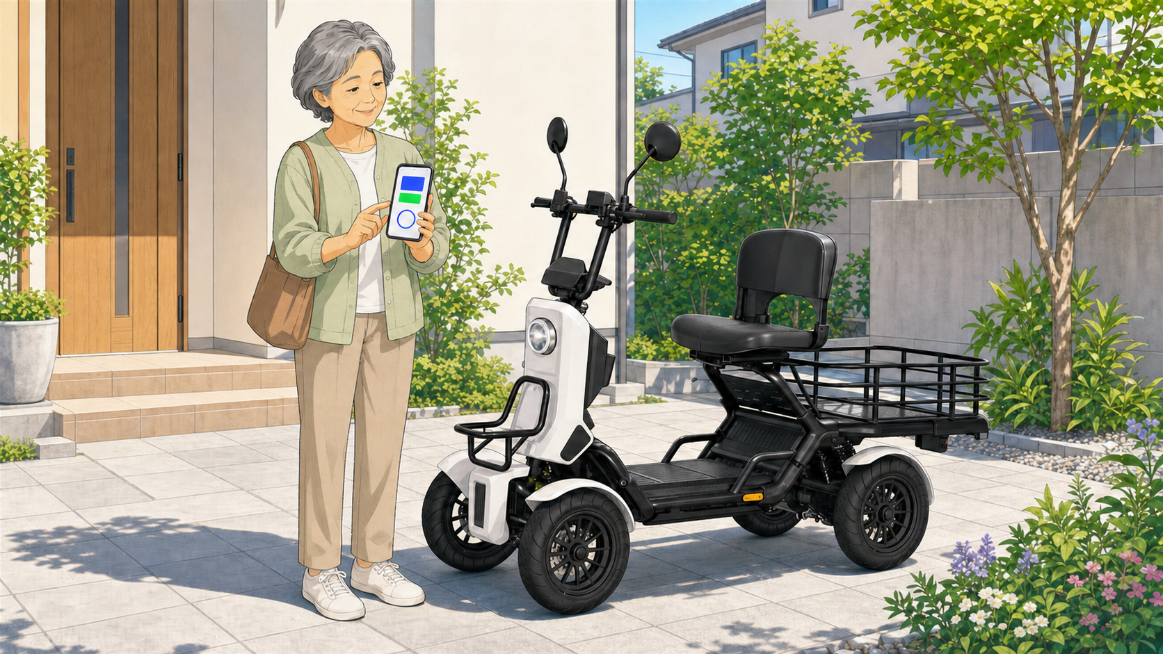 納車された特定小型原付のそばで自賠責保険の手続きをスマートフォンで確認する女性のイラスト