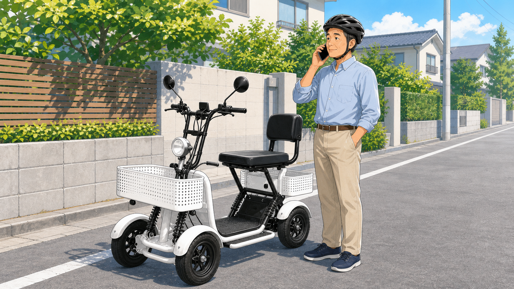 住宅街の道路脇で、ヘルメットをかぶった男性が四輪の特定小型原付のそばに立ち、スマートフォンで落ち着いて連絡しているイラスト