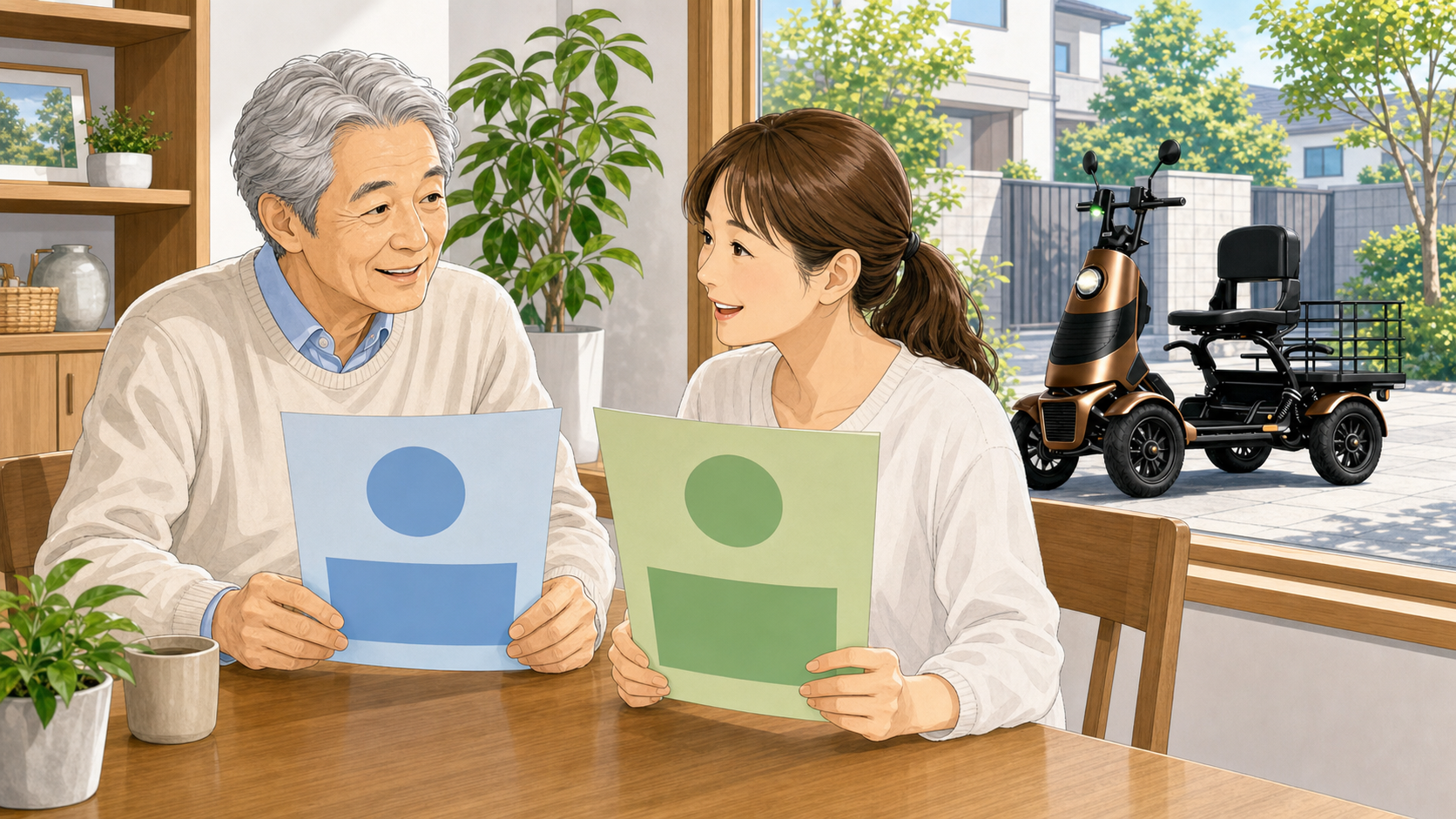 特定小型原付の任意保険を家族で比較検討している様子のイラスト