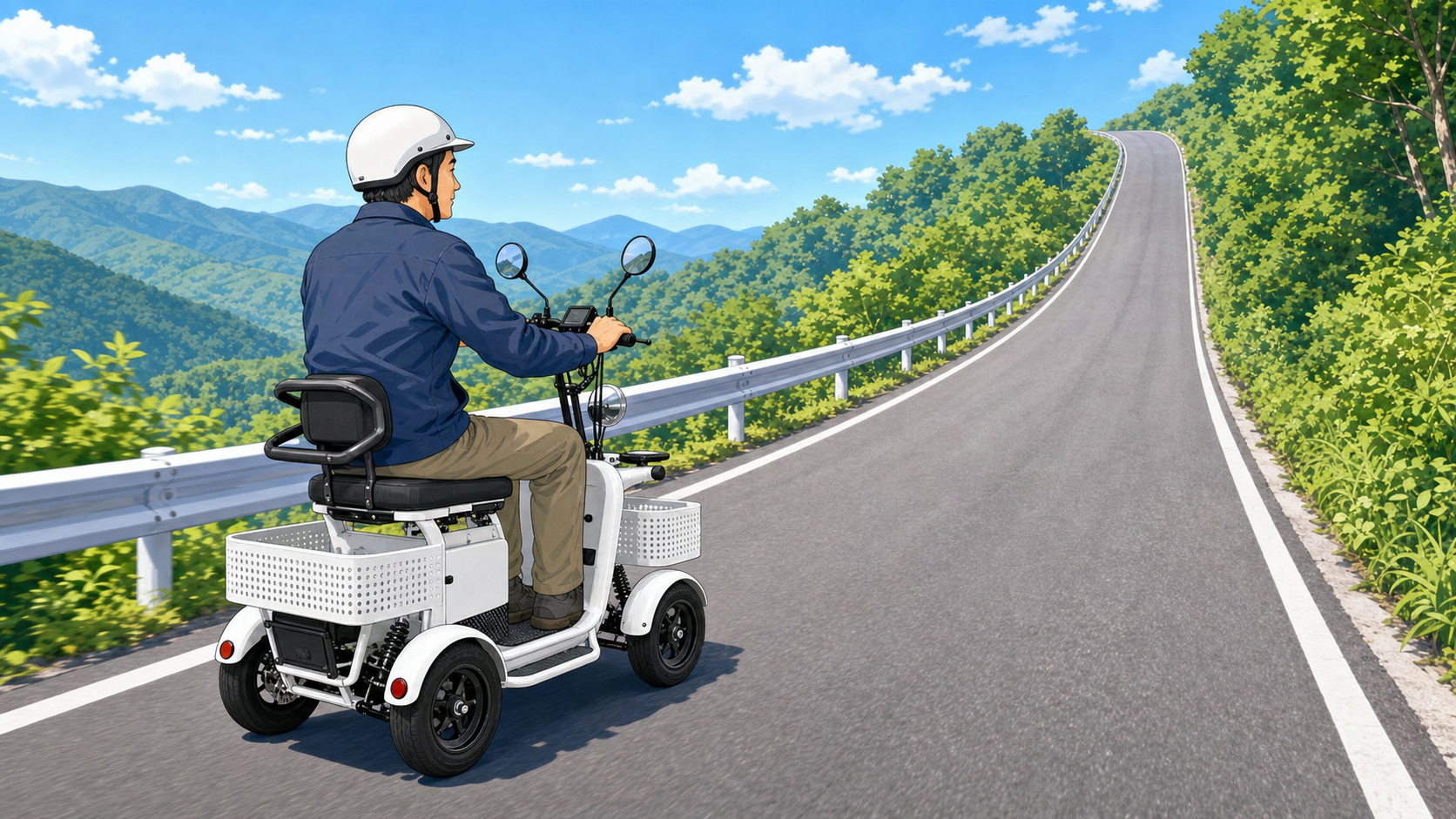 山道の長い上り坂を走行して航続距離を実走テストする特定小型四輪エレポーターPROのイラスト