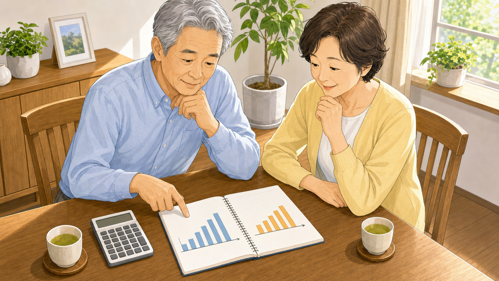 レンタルと購入の費用を電卓で比較検討する夫婦のイラスト