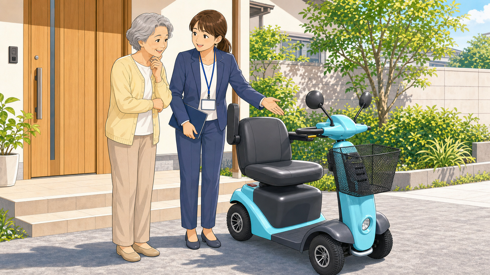 自宅前でケアマネジャーに相談しながらシニアカーのレンタルを検討する高齢女性のイラスト
