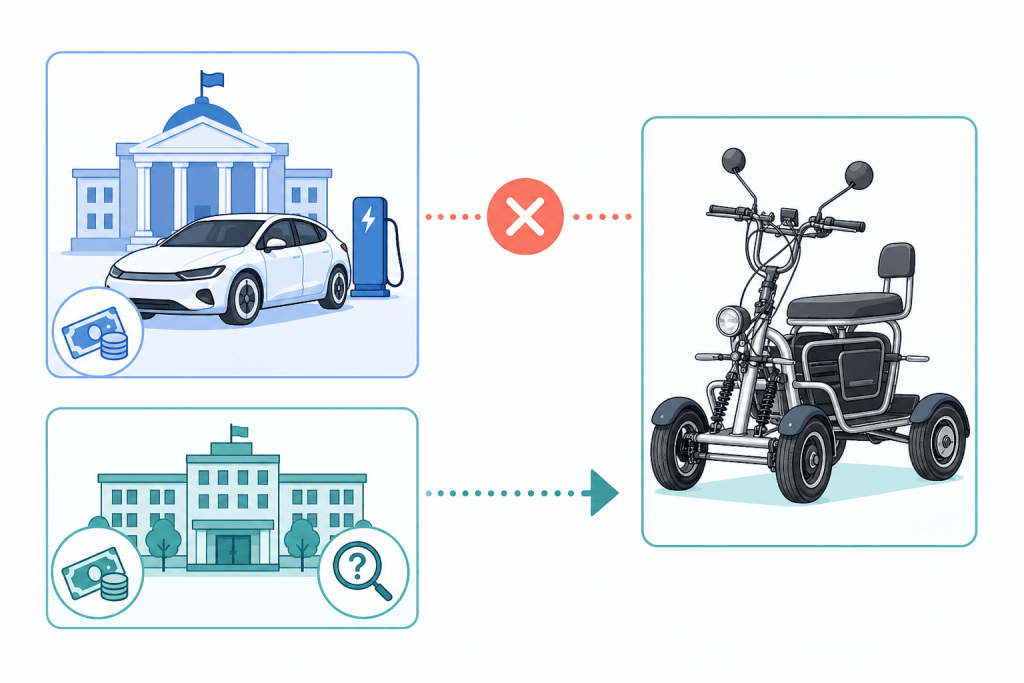 Infographic: electric car charging left, government building and money icons; red X marks incompatibility with the three-wheeled mobility scooter on the right.