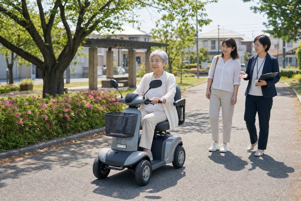 Elderly woman on a mobility scooter riding along a sunlit park path with two companions walking beside her, smiling.