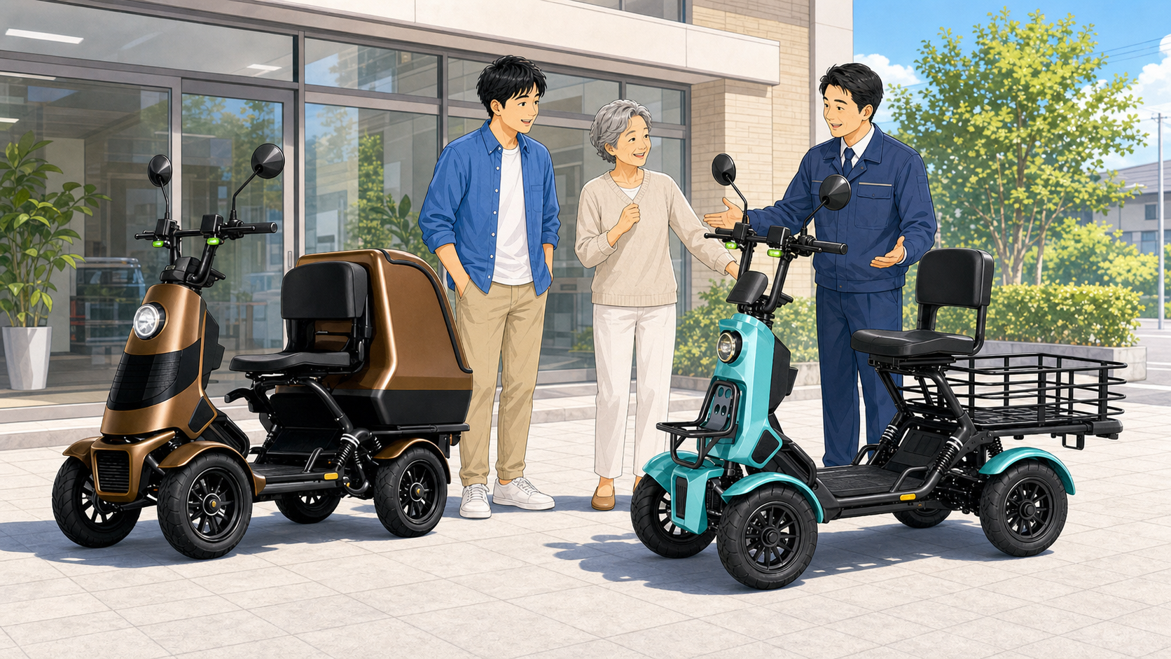 販売店でELEGRANとエレキャリーを乗り比べながら家族とスタッフに相談する様子のイラスト
