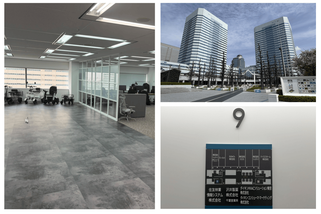 Collage: left—open office with mobility scooters and glass partitions; top-right—tall modern office towers in a plaza; bottom-right—wall with a large '9' and a directory map.