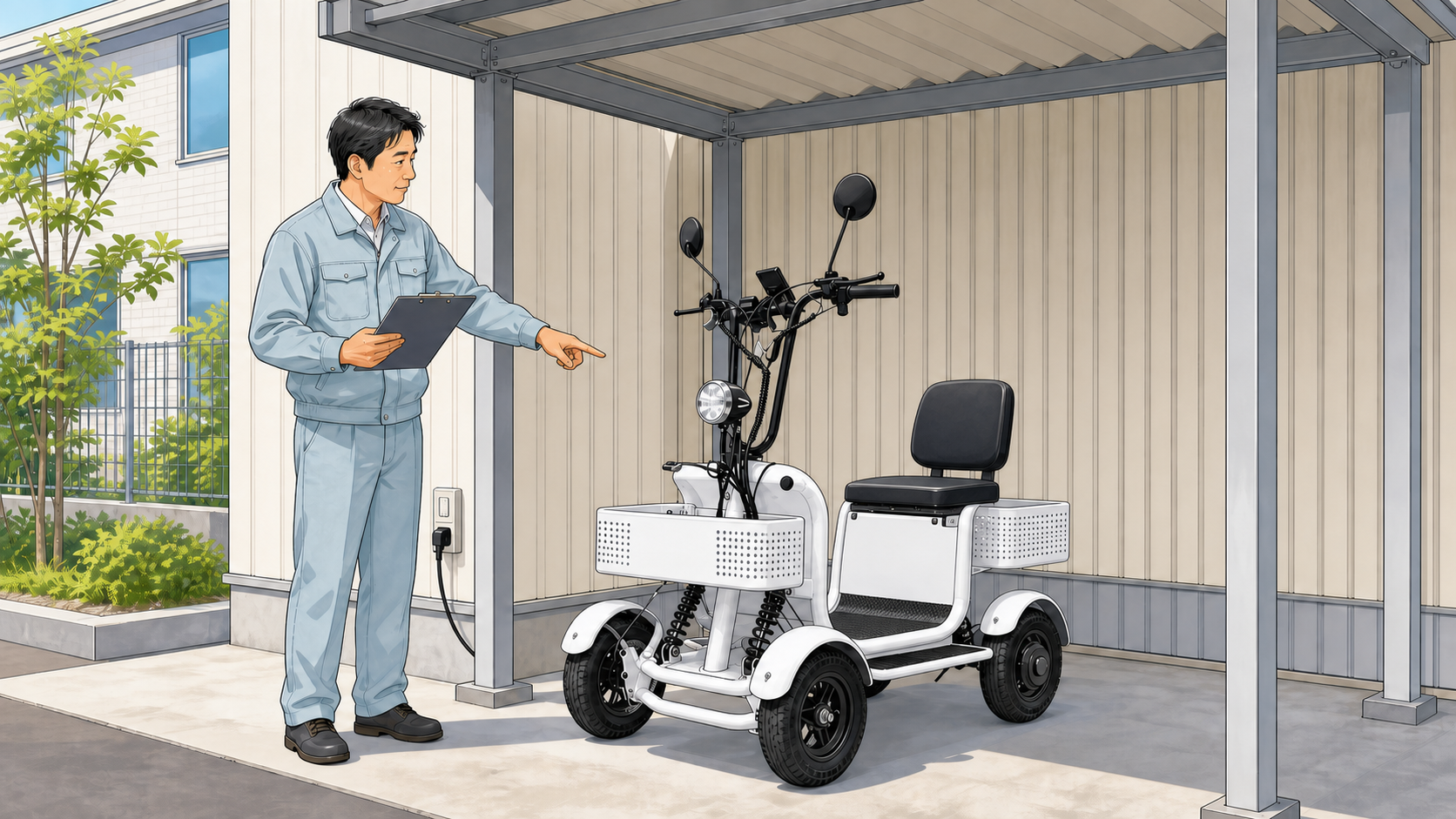 導入前に保管場所と充電コンセントを確認する担当者と特定小型四輪EV（エレポーター）