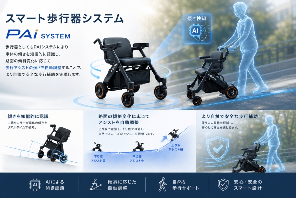 Banner promoting PAi SYSTEM: AI-powered mobility aid with automatic tilt adjustment for safer walking outdoors (Japanese text visible).