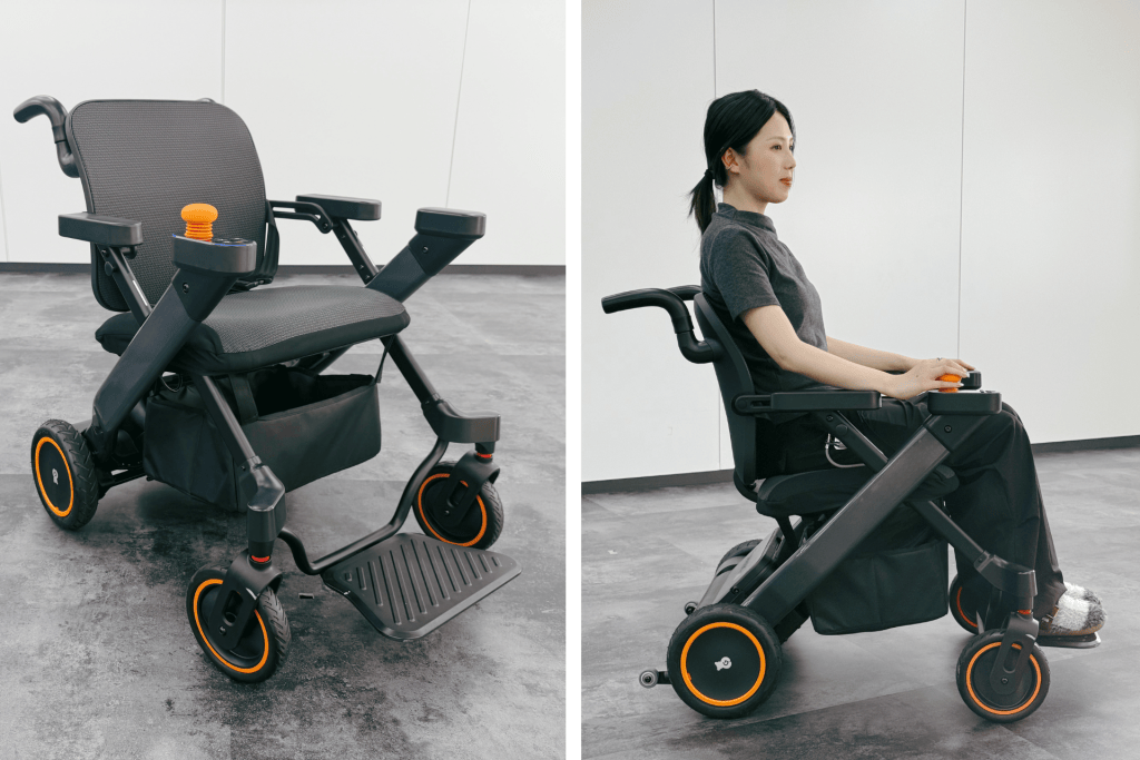 Left: a gray electric mobility scooter with orange wheel rims and a padded seat; right: a woman seated in the scooter, hands on the orange joystick, preparing to operate it.