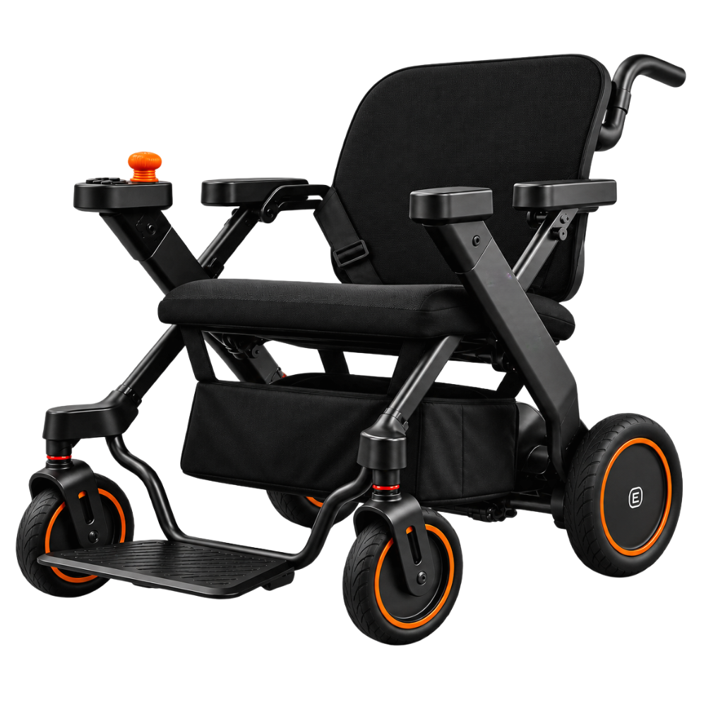 Electric wheelchair with a black frame and orange-accented wheels, cushioned seat and backrest, and a joystick control on the armrest, shown from the side for mobility use.