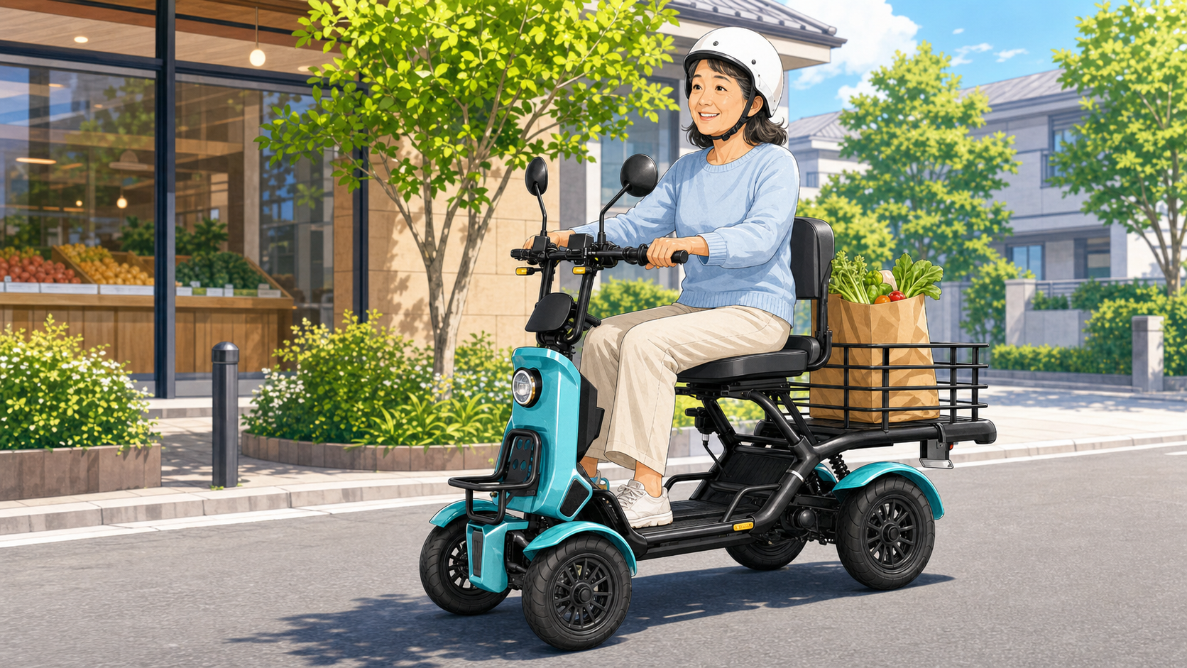 ELEMOsの特定小型四輪で買い物や外出を楽しむイメージ