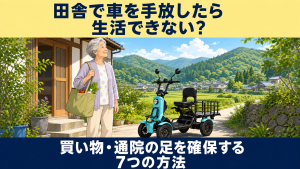 田舎で車を手放したら生活できない？買い物・通院の足を確保する7つの方法を解説する記事のアイキャッチ。自宅前に停めた青いエレキャリーと出かける女性のイラスト