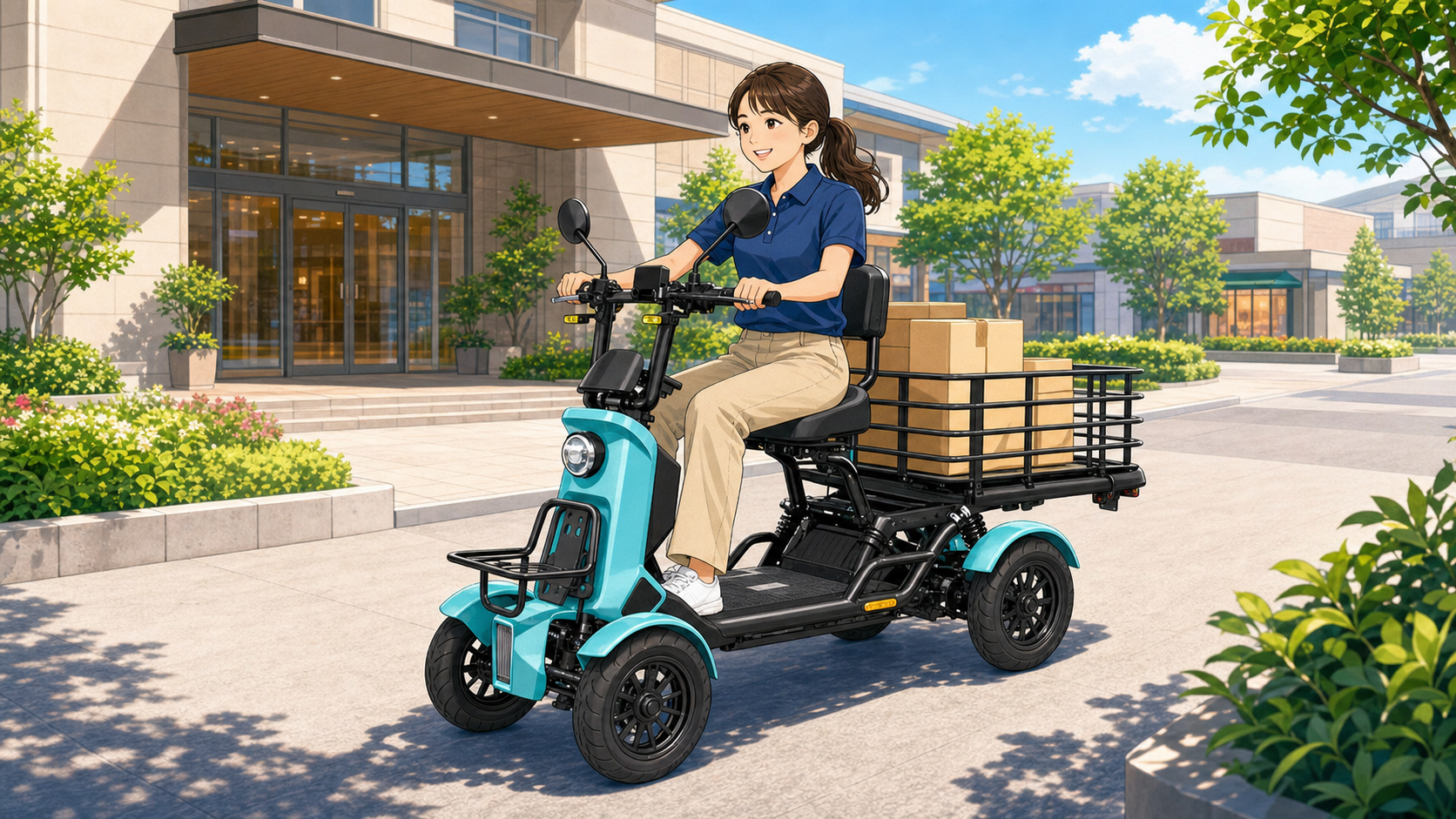 商業施設の敷地内で備品を積んで移動するスタッフと特定小型四輪EV（エレキャリー）