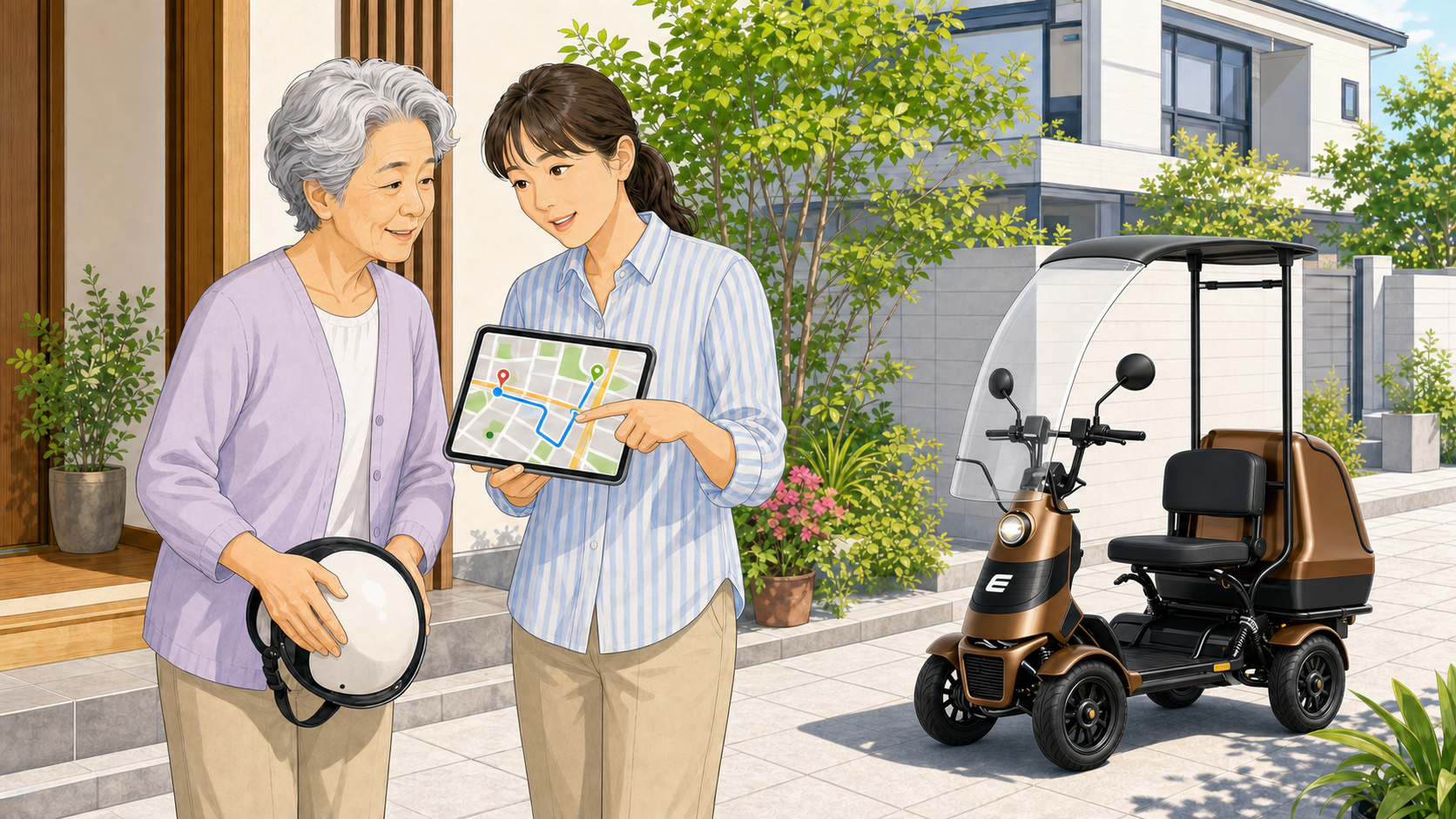 特定小型原付の購入前に家族で生活ルートを地図で確認するイラスト