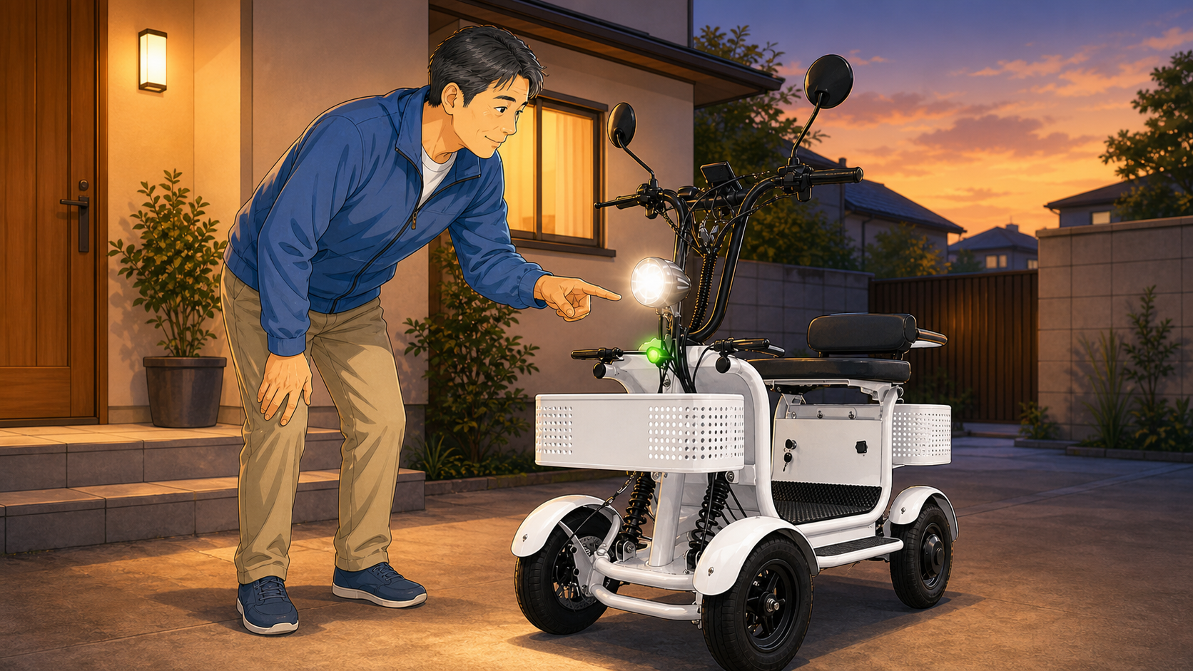夕方の出発前に特定小型四輪の前照灯と最高速度表示灯を点検する男性のイラスト