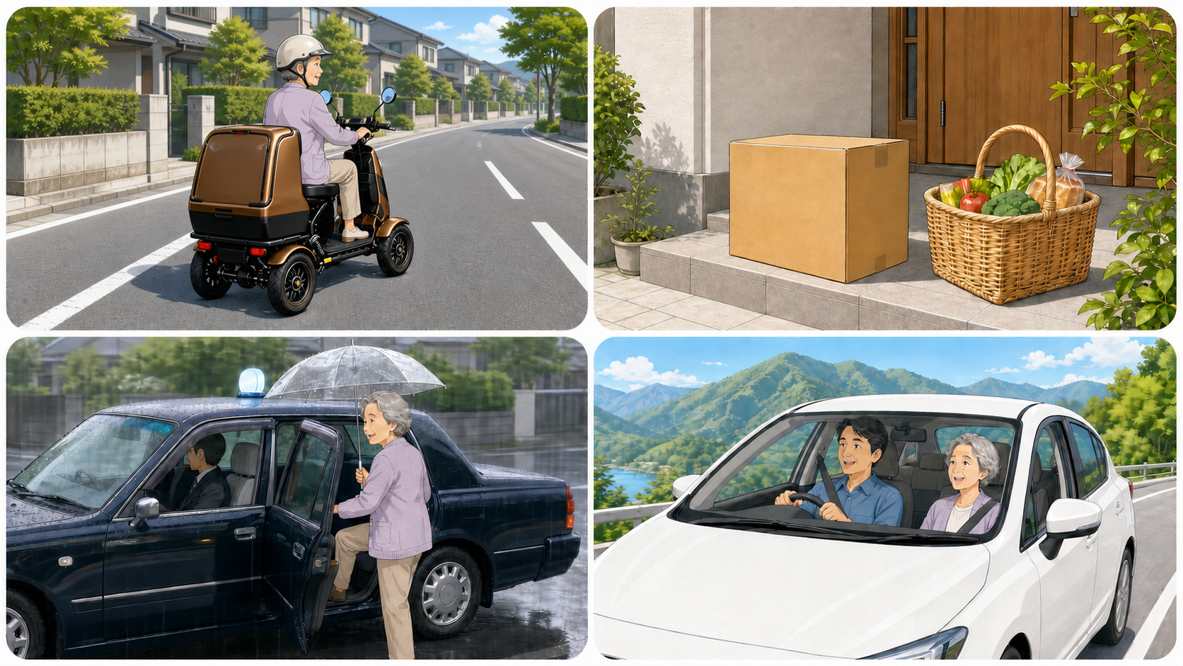 日常の買い物は特定小型四輪、重い物は宅配、雨の日はタクシー、遠出は家族の送迎という移動手段の組み合わせ例を示す4コマイラスト
