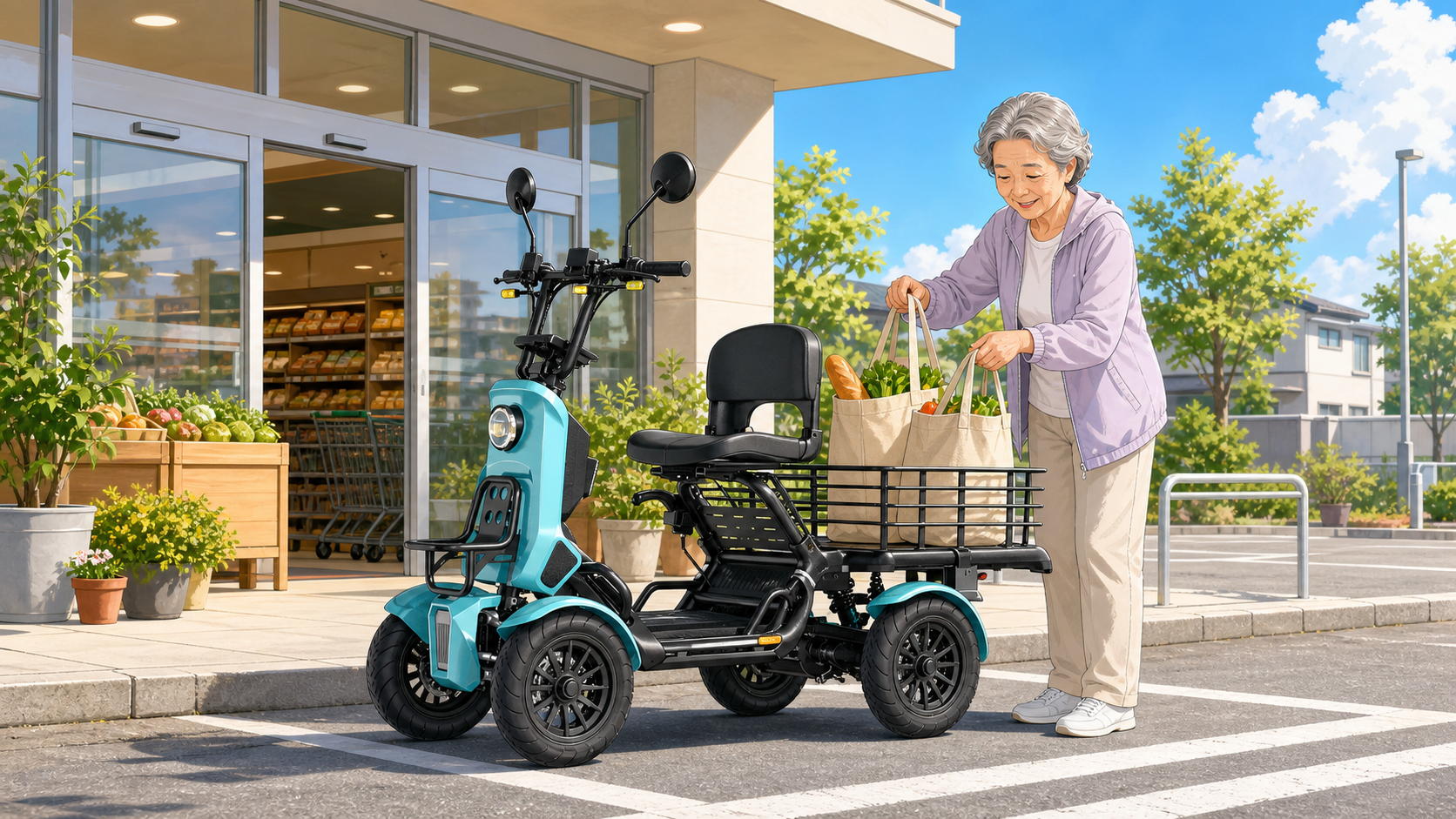 明るい午前中にスーパーの前で特定小型四輪エレキャリーに買い物袋を積み込むシニア女性のイラスト