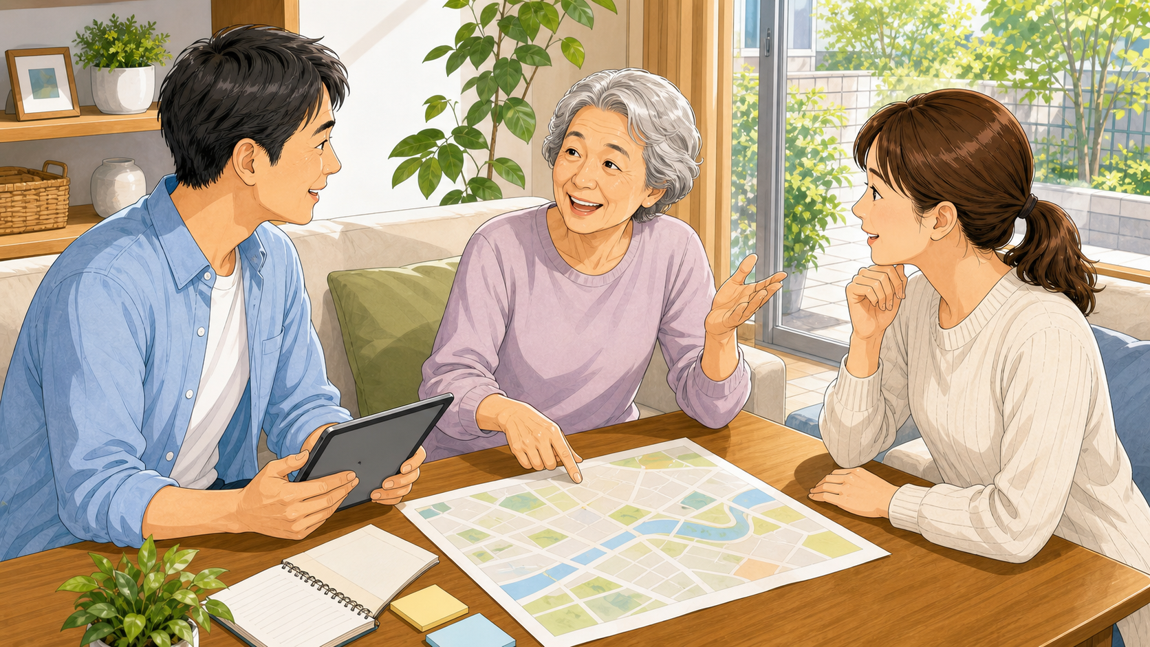 高齢の母と息子夫婦が地図とメモを囲み、これからの移動手段について前向きに話し合う家族会議のイラスト