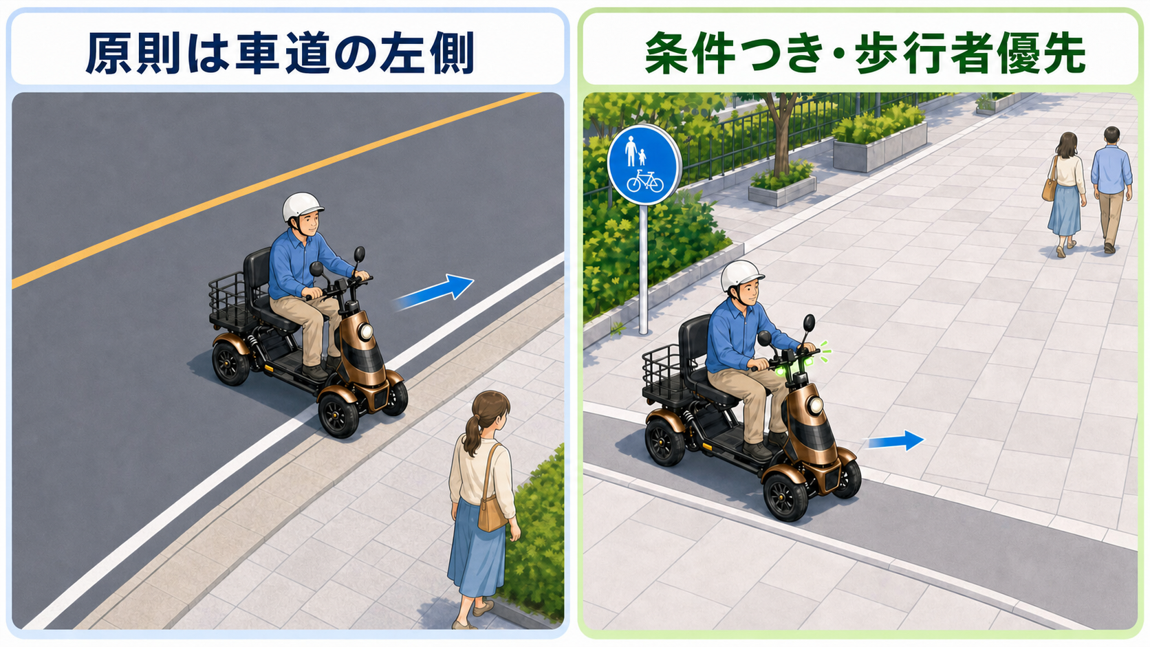 特定小型原付は原則として車道の左側を通行し、歩道は条件を満たす特例特定小型原付のみ歩行者優先で通行できることを比較した図