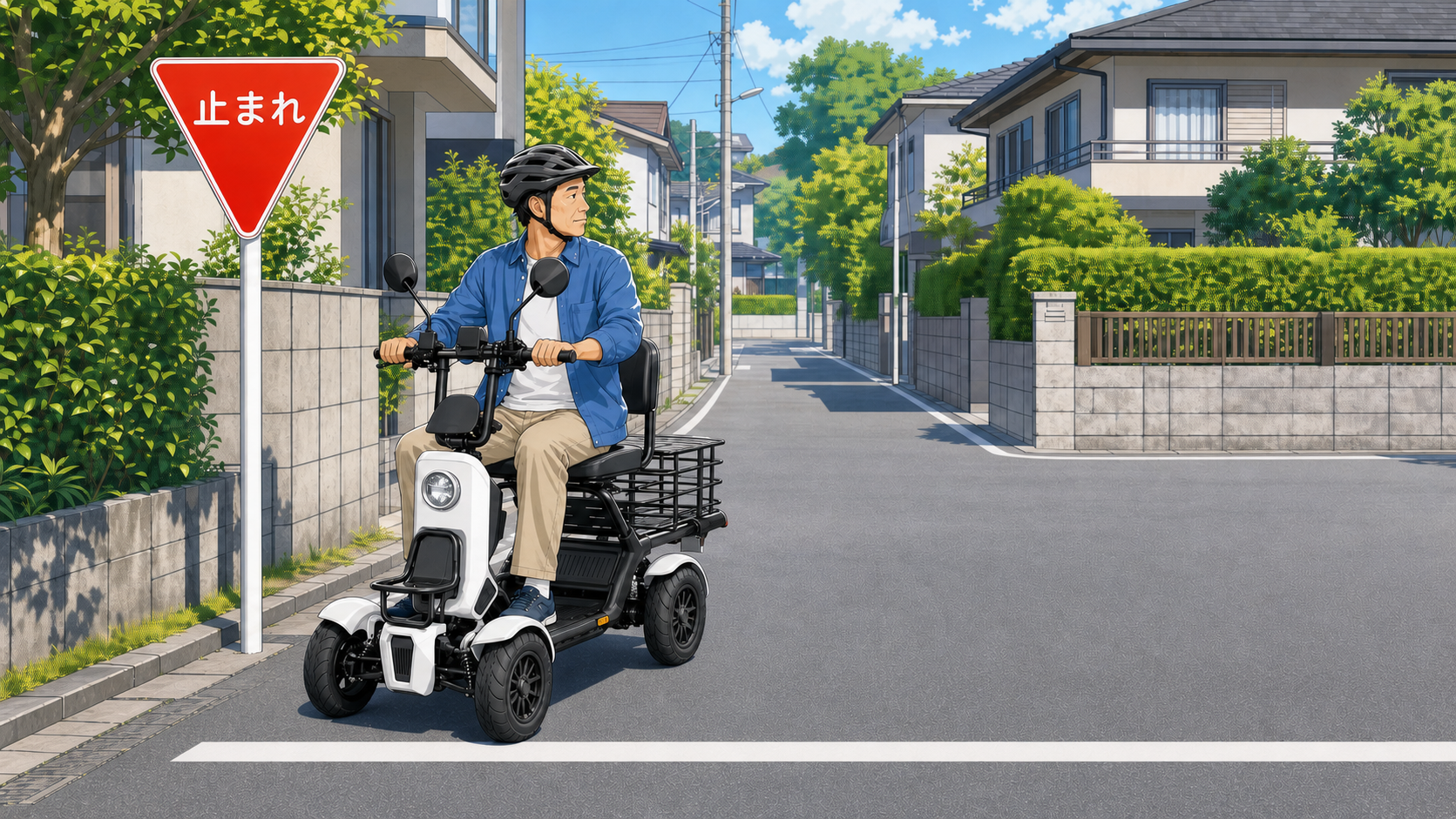 一時停止標識の前で確実に停止して安全確認する特定小型原付のイラスト