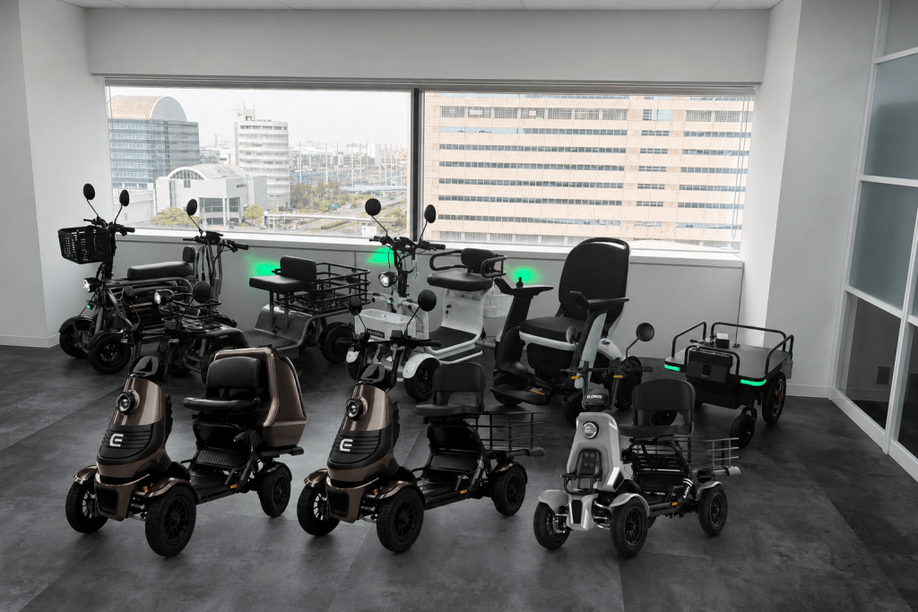 Showroom of mobility aids with electric scooters, wheelchairs, and trikes arranged by a large window overlooking the city skyline.
