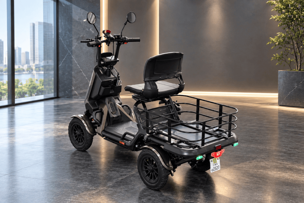 Three-wheeled electric mobility scooter with a large rear luggage rack, parked in a modern showroom by a city-view window.