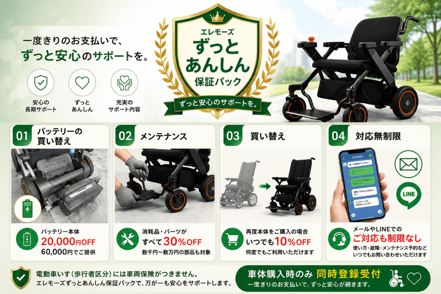 Promotional banner for a wheelchair warranty pack, featuring a gold shield emblem and a wheelchair on a park background with green icons showing benefits.