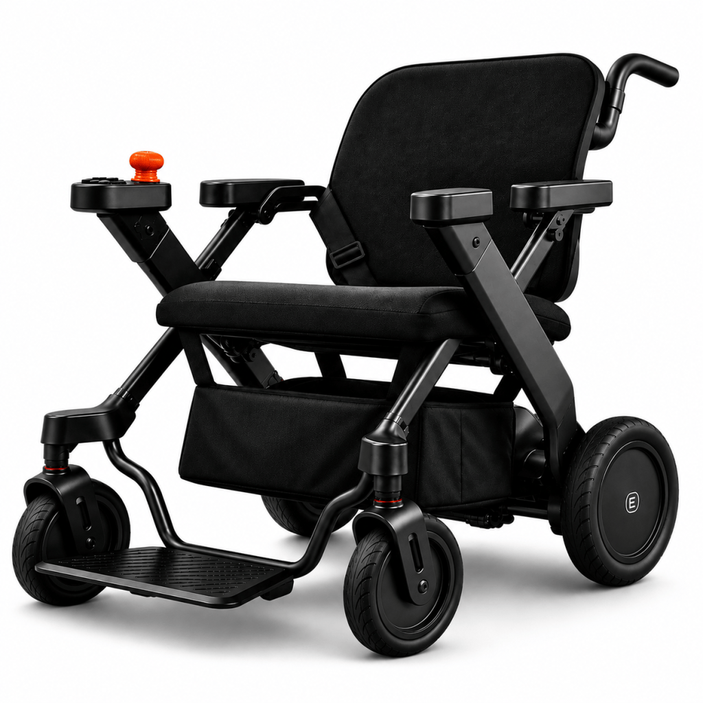 Electric wheelchair with a black frame, padded seat and backrest, footplate, and orange joystick on the left armrest