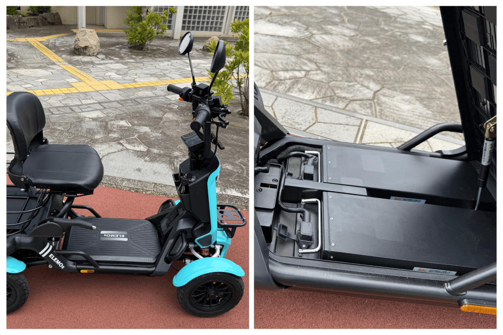 Two-panel image of an electric mobility scooter: left panel shows the teal and black scooter with seat, handlebars, and rear mirrors outdoors; right panel shows a close-up of the scooter's interior/under-seat area and controls.