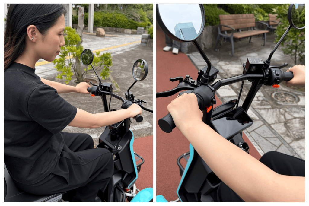 Person in a black shirt riding an electric scooter; left panel shows their profile, right panel focuses on the handlebars, mirrors, and control area.