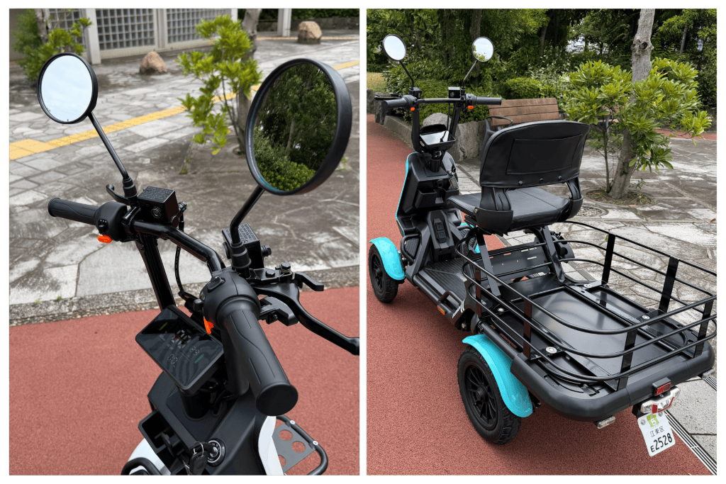 Close-up of an electric scooter's handlebars with two circular mirrors reflecting the street.