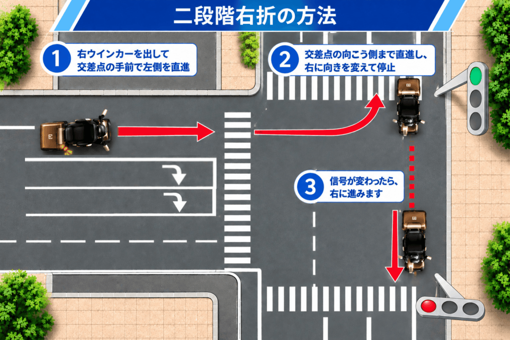 Aerial diagram of a multi-step driving maneuver at an intersection, with three numbered blue instruction bubbles and red arrows.